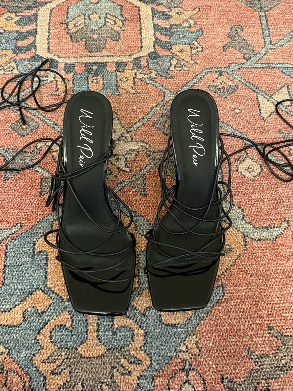 Wild Pair Black Strappy Lace-Up Square-Toe Heels